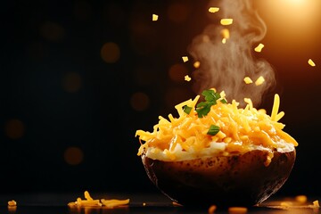 Rice cooker baked potatoes with melted cheese, crispy edges, hearty and warm meal, rustic background, comfort food theme, inviting closeup