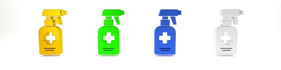 Obraz premium Colorful Bottle of liquid antibacterial soap with dispenser icon isolated on white background. Antiseptic. Disinfection, hygiene, skin care. Minimalism concept. 3D render illustration