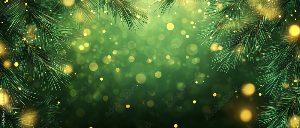Poster a green background with out-of-focus yellow lights and pine tree branches