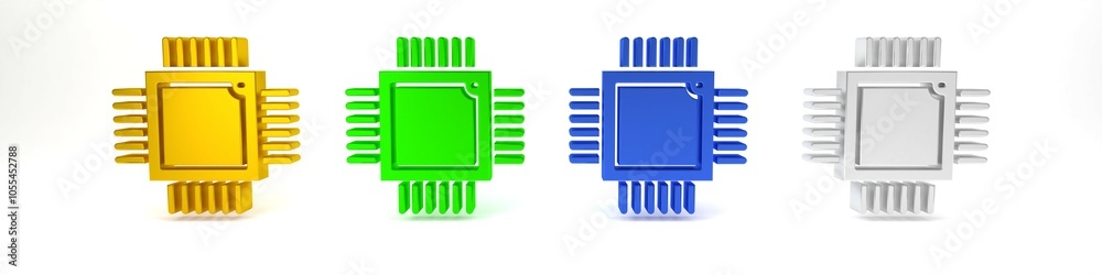 Poster Colorful Computer processor with microcircuits CPU icon isolated on white background. Chip or cpu with circuit board. Micro processor. Minimalism concept. 3D render illustration