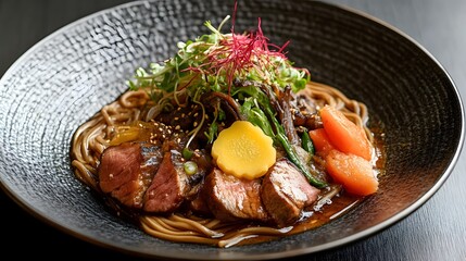 A plate of yaki soba, stir-fried noodles with vegetables, meat, and a savory sauce, garnished with pickled ginger.

