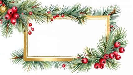 A festive holiday border featuring pine branches and bright red berries, perfect for Christmas-themed designs and decorations.