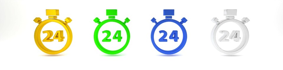 Colorful Stopwatch 24 hours icon isolated on white background. All day cyclic icon. 24 hours service symbol. Minimalism concept. 3D render illustration