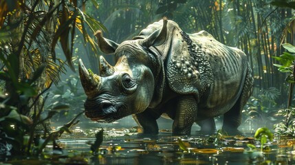 Fototapeta premium Indian Rhinoceros in Lush Jungle Wildlife Photography Endangered Species Nature