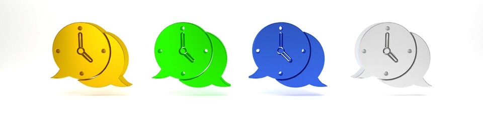 Colorful Clock with speech bubble icon isolated on white background. Time sign. Office watch or timer symbol. Minimalism concept. 3D render illustration