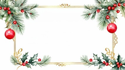 A festive holiday border featuring pine branches and bright red berries, perfect for Christmas-themed designs and decorations.
