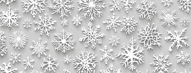 White snowflakes are scattered across a light gray background, creating a wintery pattern
