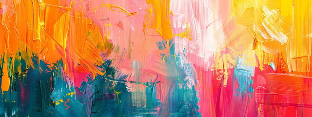Fototapeta premium A vibrant abstract painting featuring bold strokes in orange, pink, and teal, creating a dynamic and lively atmosphere.