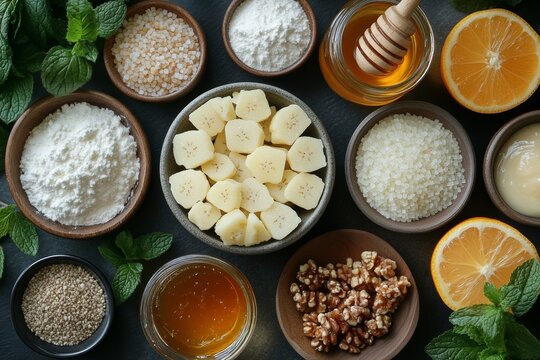 A kitchen counter filled with ingredients and alternatives to sugar, such as honey, stevia, and monk fruit, with a recipe book opened. Generative AI