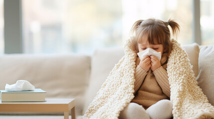 Sick Child Blowing Nose on Sofa with Tissue and Blanket, Cold and Flu Winter Season Health and Illness Concepts