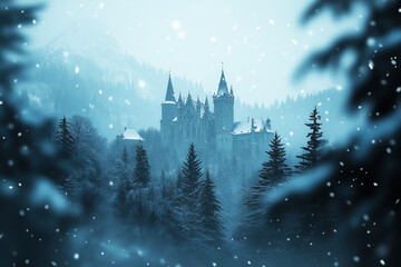A snowfall scene with falling snowflakes, blurred background of a snow-covered Baroque-style castle in the distance
