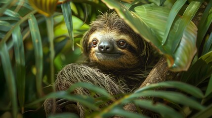 Fototapeta premium Cute Sloth Peeking Through Tropical Foliage Wildlife Rainforest Animal Portrait