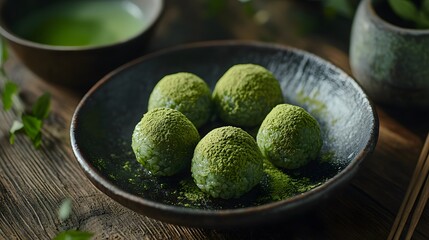 A serving of matcha-flavored mochi, chewy rice cakes with a matcha green tea filling.


