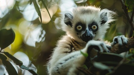 Obraz premium Curious Crowned Lemur Looking Out from Tree Branch