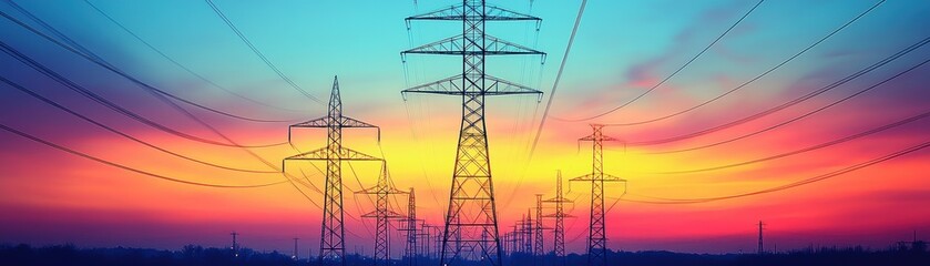 Fototapeta premium A Stunning Futuristic Power Grid Illuminated by a Vibrant Sunset in a Dynamic Color Palette