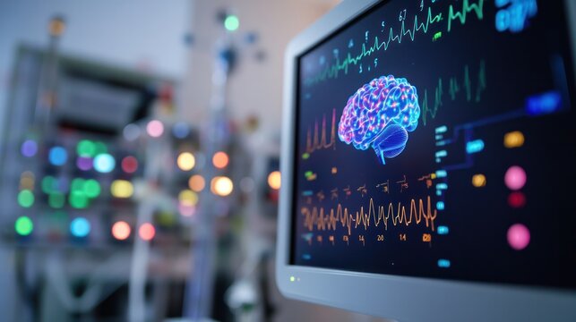 A close-up image of an electroencephalogram (EEG) monitor displaying colorful brain wave patterns,