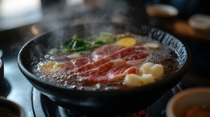 Fototapeta premium A serving of shabu-shabu, thinly sliced beef cooked quickly in hot broth, served with dipping sauces and vegetables.