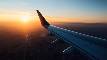 Obraz premium Airplane wing viewed from window during sunset, overlooking cityscape and horizon with gradient sky colors