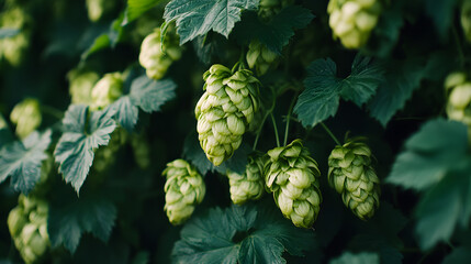 Fototapeta premium A close-up of green hop cones growing on a vine.