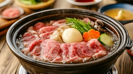 A serving of shabu-shabu, thinly sliced beef cooked quickly in hot broth, served with dipping sauces and vegetables.


