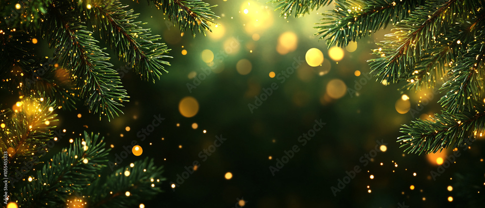 Poster Pine branches frame a blurry background of golden lights, creating a festive and magical atmosphere