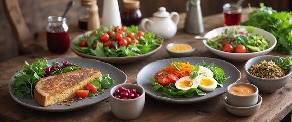 Rustic cafe scene showing a balanced vegetarian meal with vibrant, fresh ingredients, ideal for healthy eating and dieting