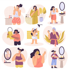 Personal Care with Woman and Kid Character Enjoy Grooming Procedure Vector Set