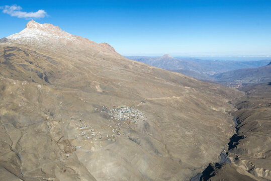 Aerial view of a beautiful mountain village nestled in a valley, Kurush, Russia.