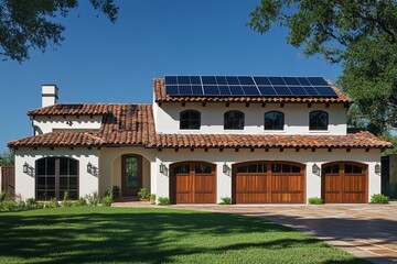 Obraz premium A modern residential home with solar panels in a sunny neighborhood showcasing sustainable energy solutions