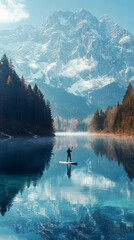 In this tranquil scene, a man paddles on a SUP board in a secluded mountain lake, embraced by wildflowers and cliffs, with morning mist hovering above the clear water