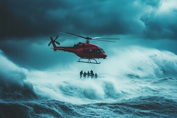 Helicopter flying over crashing waves. This image can represent danger, rescue, or the power of nature.