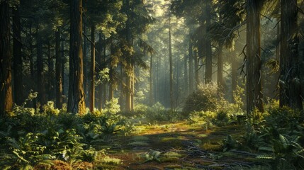 Obraz premium Sunbeams Through Tall Trees in Lush Green Forest