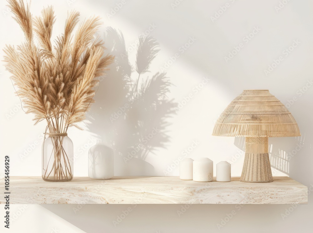 Wall mural A wooden shelf with a glass vase of dried pampas grass. a woven lamp. and two candles in a white minimalist interior