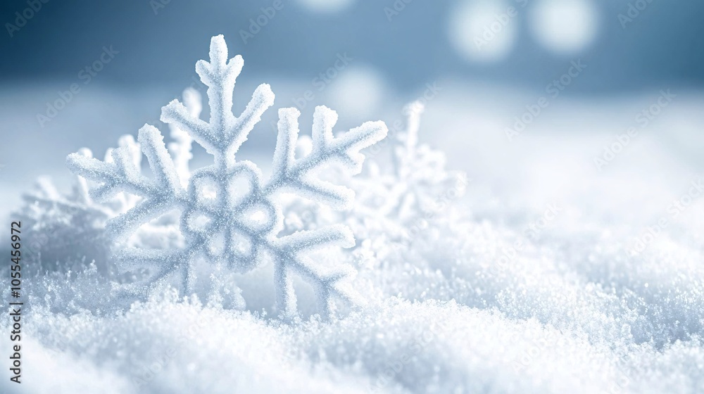 Poster snowflakes resting on snow creating winter wonderland scene