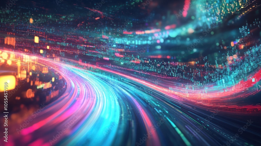 Poster a futuristic concept image showing data streams in vibrant colors flowing through virtual pipelines.