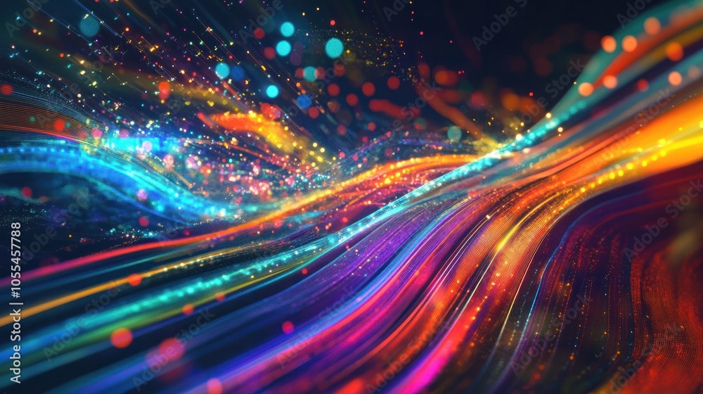 Poster a futuristic concept image showing data streams in vibrant colors flowing through virtual pipelines.