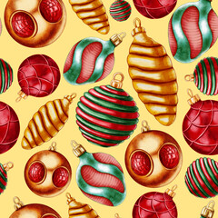 Christmas and New Year pattern with Christmas tree toys. Seamless New Year pattern in watercolor. Background for textiles, fabrics, wrapping paper, cards. Watercolor Christmas decor