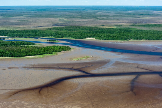 Aerial view of serene Onega Bay with lush green forests and meandering river, Karelia Republic, Russia.