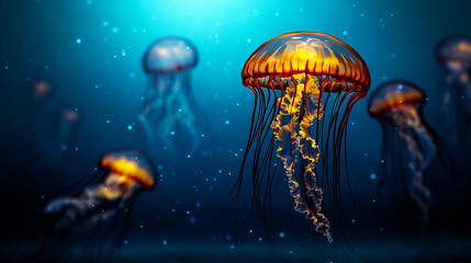 Colorful jellyfish swimming gracefully in clear ocean waters.