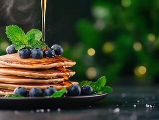 Sourdough discard pancakes with syrup, blueberries, and mint garnish, Sourdough pancakes, creative cooking with discard