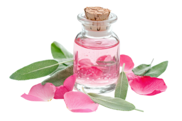 Elegant glass bottle of pink essence surrounded by fresh flower petals and green leaves
