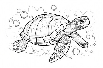 A detailed black and white illustration of a sea turtle swimming gracefully through bubbles.
