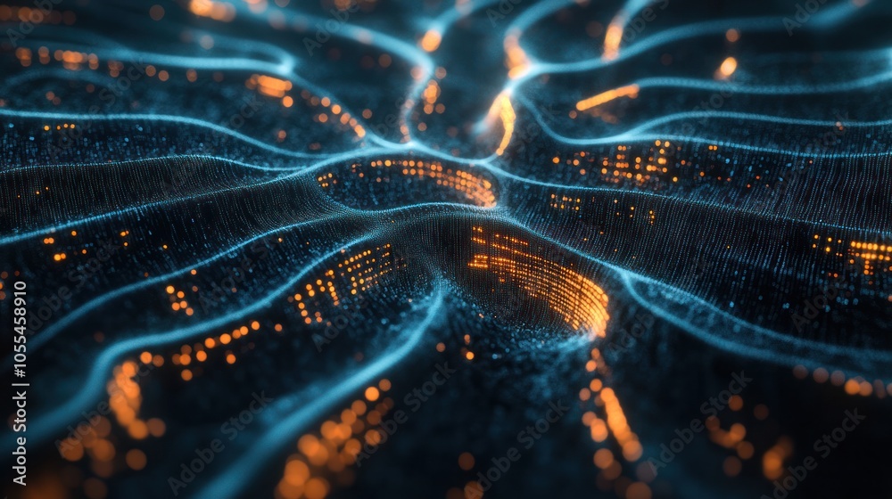Poster a high-tech illustration of a neural network powered by artificial intelligence. streams of data and