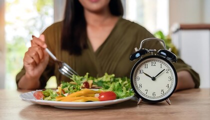 Intermittent fasting concept, Close-up of an alarm clock on a table and a woman eating a hea