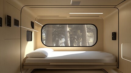 Obraz premium This room has a wooden bed that contrasts with the symmetrical plywood wall with exposed wood grain and wood frames. The floor-to-ceiling window along one wall gives a natural look.