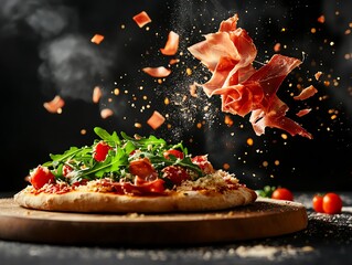 Sourdough pizza topped with prosciutto, arugula, and shaved parmesan, Prosciutto sourdough pizza, gourmet topping