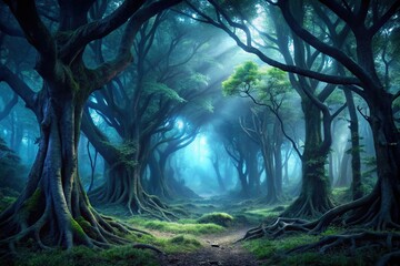 Obraz premium Dark mysterious forest at night with dense foliage and twisted tree trunks, nighttime, darkness, atmosphere, shadows, black background