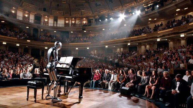 A robot plays the piano in front of a large audience. The audience is watching the performance closely