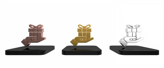 Colorful Gift box in hand icon isolated on white background. Merry Christmas and Happy New Year. Minimalism concept. 3D render illustration