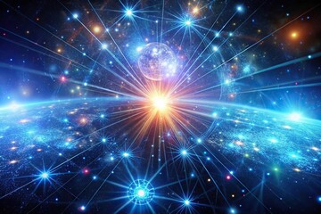 Fototapeta premium Dark Space Background With Glowing Cosmic Rays and Neutrinos, aurorae, neutrino telescopes, geomagnetic storms, cosmic rays, cosmic ray detectors